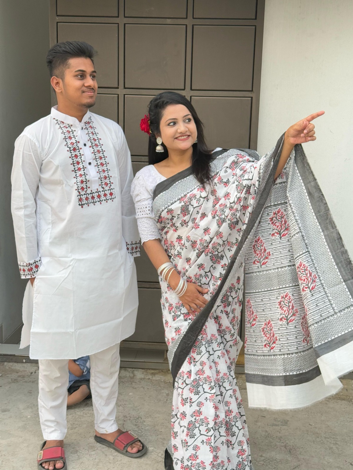 Half Silk Saree and Dhupian Panjabi Couple Dress, No Blouse