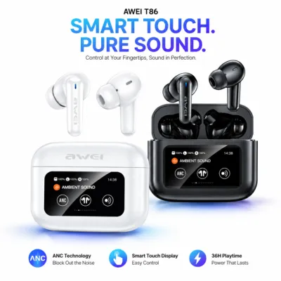 Awei T56 ANC True Wireless Earbuds – Smart LED Touch Screen Charging Case, Bluetooth 5.4, -35dB Active Noise Cancellation & IPX6 Waterproof