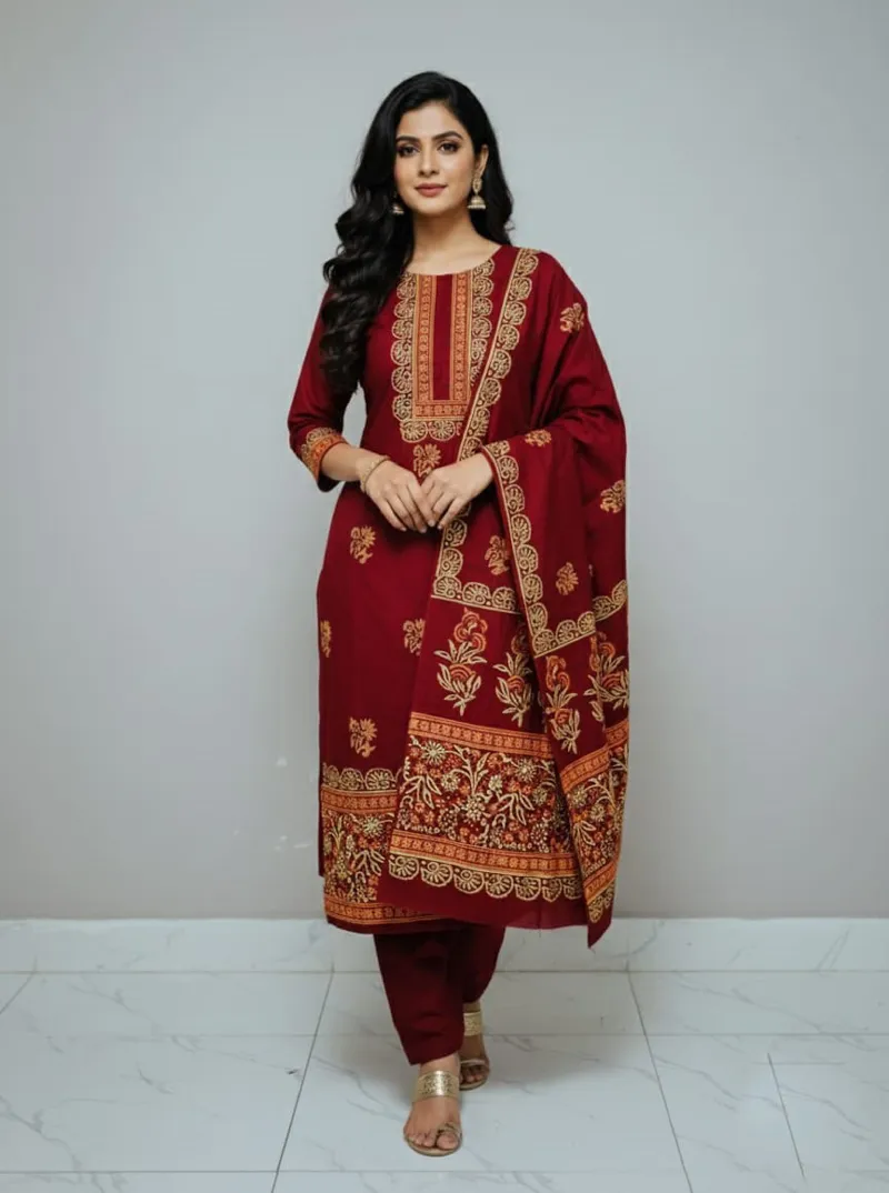 Unstitched Block Print Three Piece in Cotton Voile, 6 Colours