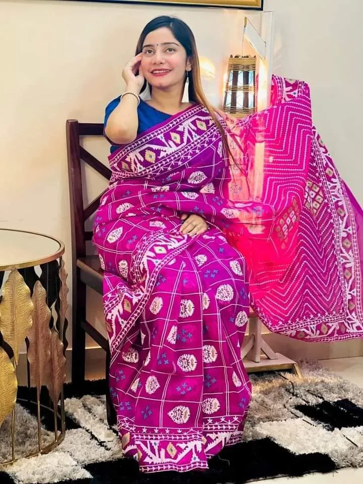 Half Silk Screen Print Saree with Hand Printed Design, 6 Colours