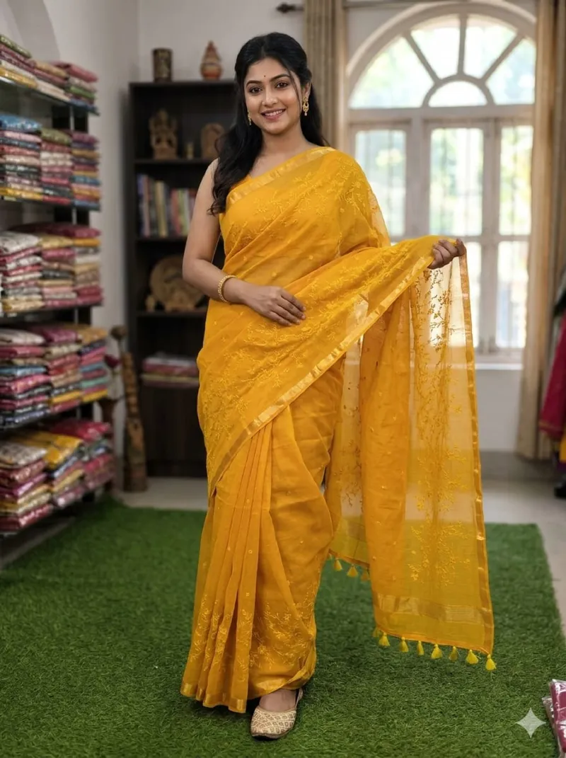 Half Silk Saree with Full Embroidery, Without Blouse Piece