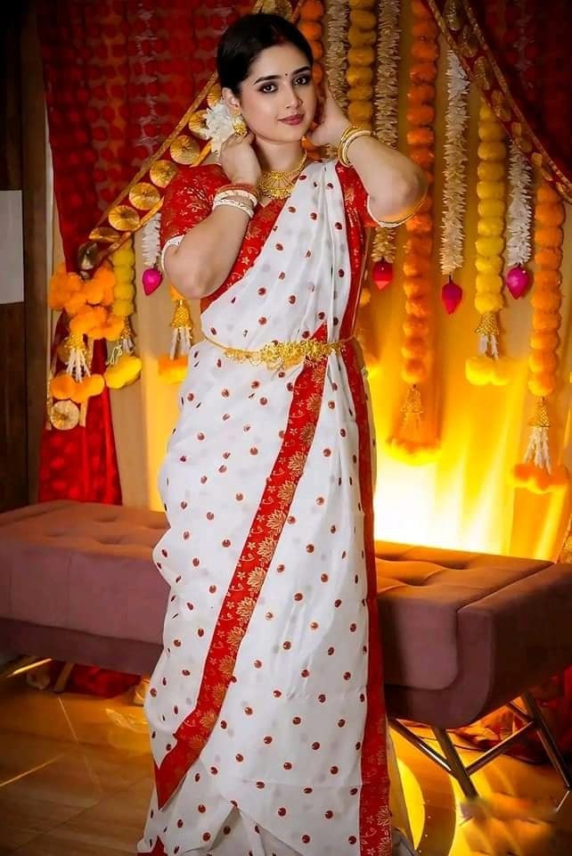 Women's White and Red Half Silk Saree for Pohela Boishakh