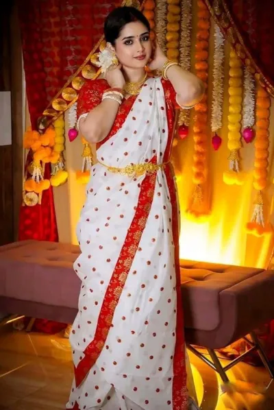 Women's White and Red Half Silk Saree for Pohela Boishakh