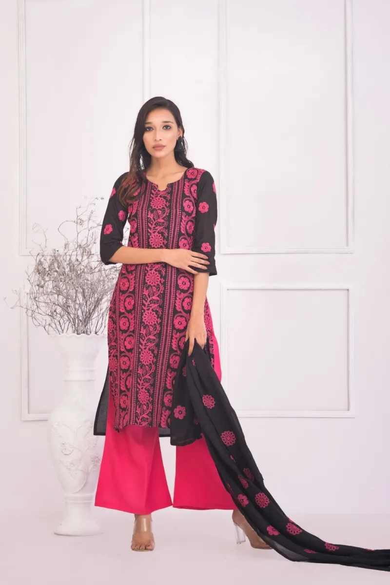 Semi-Stitched Pure AC Cotton Three Piece with Embroidery