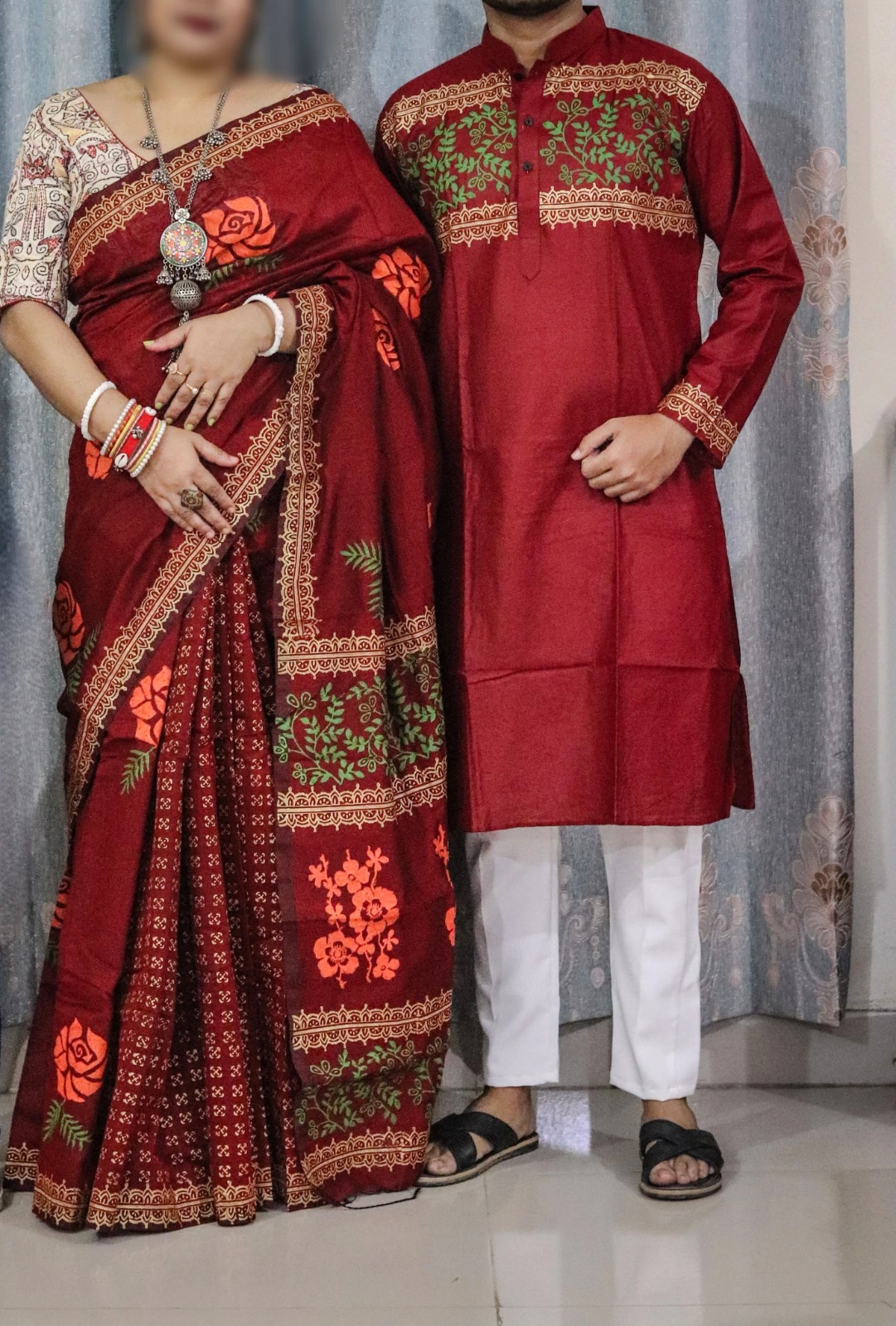 Couple Dhupian Silk Saree and Panjabi Set with Block Print