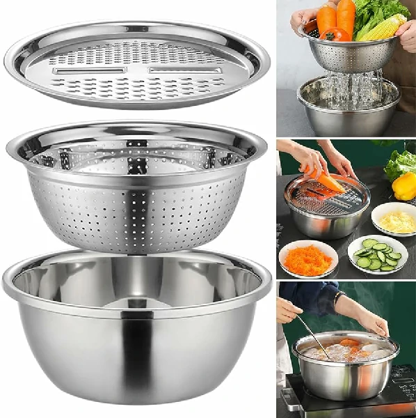 3 In 1 Stainless Steel Drain Basket Vegetable Cutter