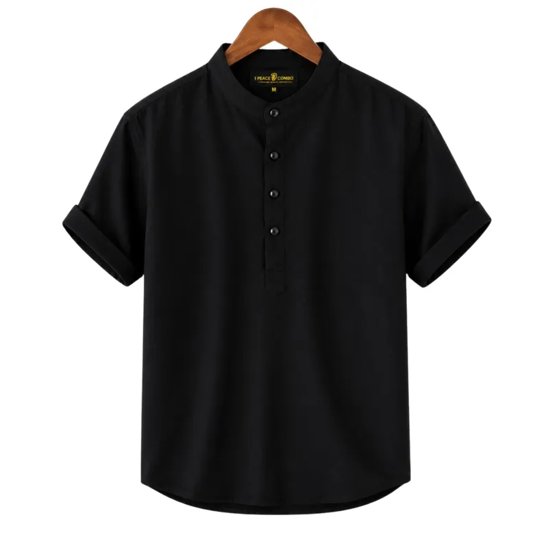 Men's Short Sleeve Oxford Cotton Katua with Band Collar, M to XXL