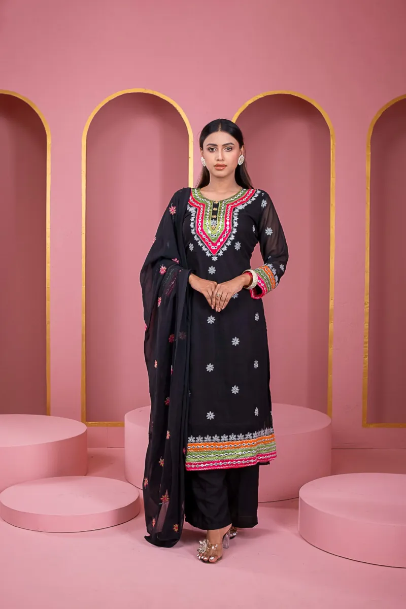 Georgette Three Piece with Dollar and Embroidery Work, 6 Colours