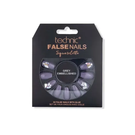Technic Squareletto 24 False Nails With Glue - Grey Embellished (China)