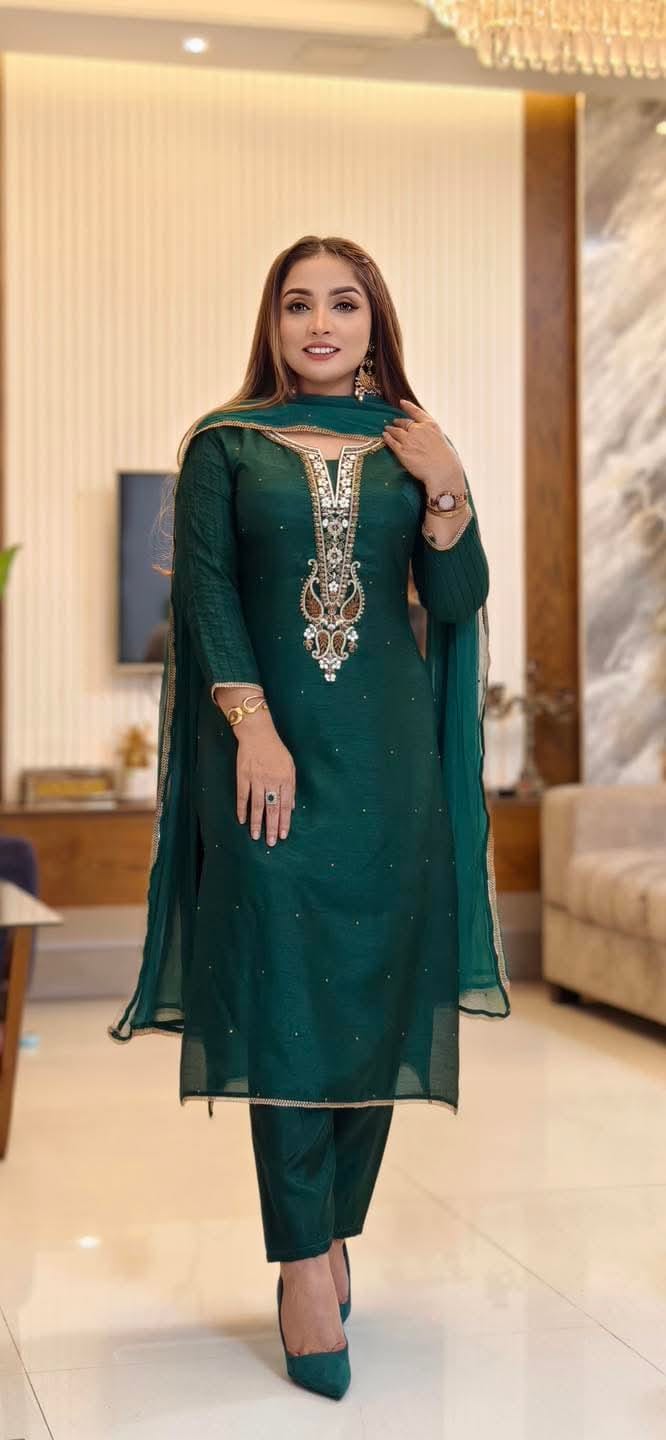 Topeto Silk Three Piece with Stone Work Embroidery, Sizes 42 and 44