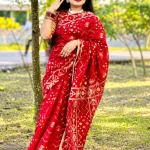 Premium Deep Red and Golden Zari Block-Print Cotton Saree