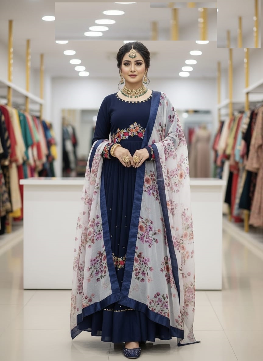 Readymade Georgette Party Dress, Front and Back Embroidery, 54 Inch