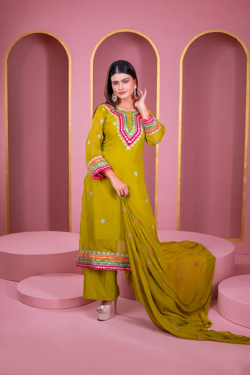 Georgette Three Piece with Dollar and Embroidery Work, 6 Colours