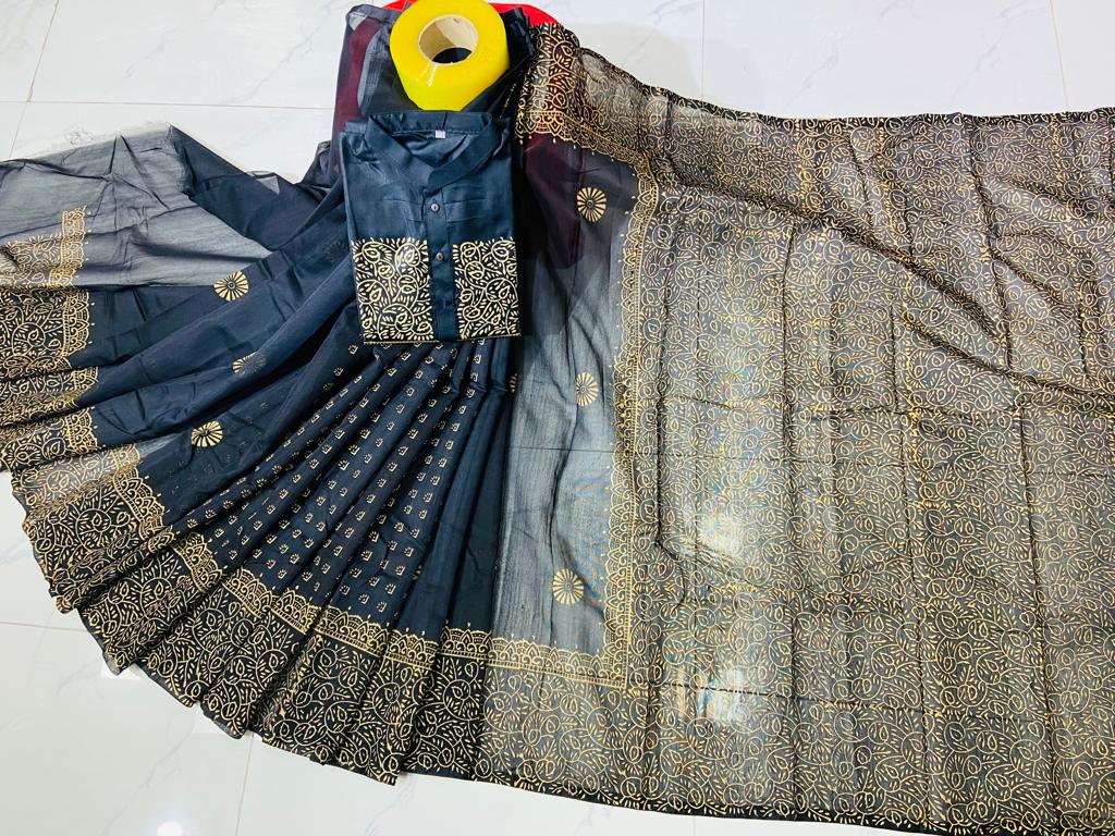 Matching Block Print Saree Panjabi Couple Set in Dhupian Silk