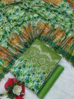 Digital Print Three Piece with Embroidered Sleeves and Cut Work Orna