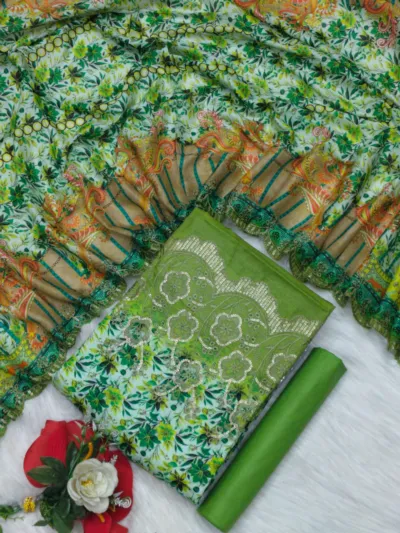 Digital Print Three Piece with Embroidered Sleeves and Cut Work Orna