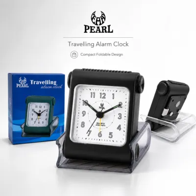 Foldable Travel Alarm Clock – Portable Quartz Analog Clock with Night Light, Battery Included (Multicolor, Acrylic)