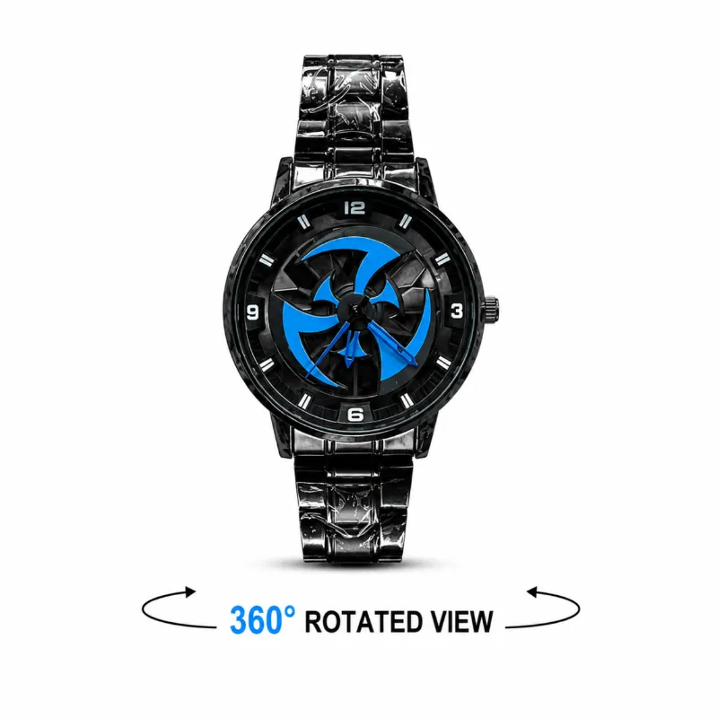 360° Rotating Car Wheel Rim Quartz Watch – Matte Black Sports Wristwatch