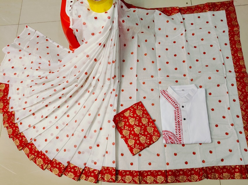 Puja Couple Dress, Resham Silk Saree and Dhupian Silk Panjabi