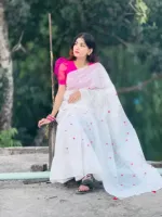 Half Silk Screen Print Puja Saree, No Blouse Piece, 3 Colours