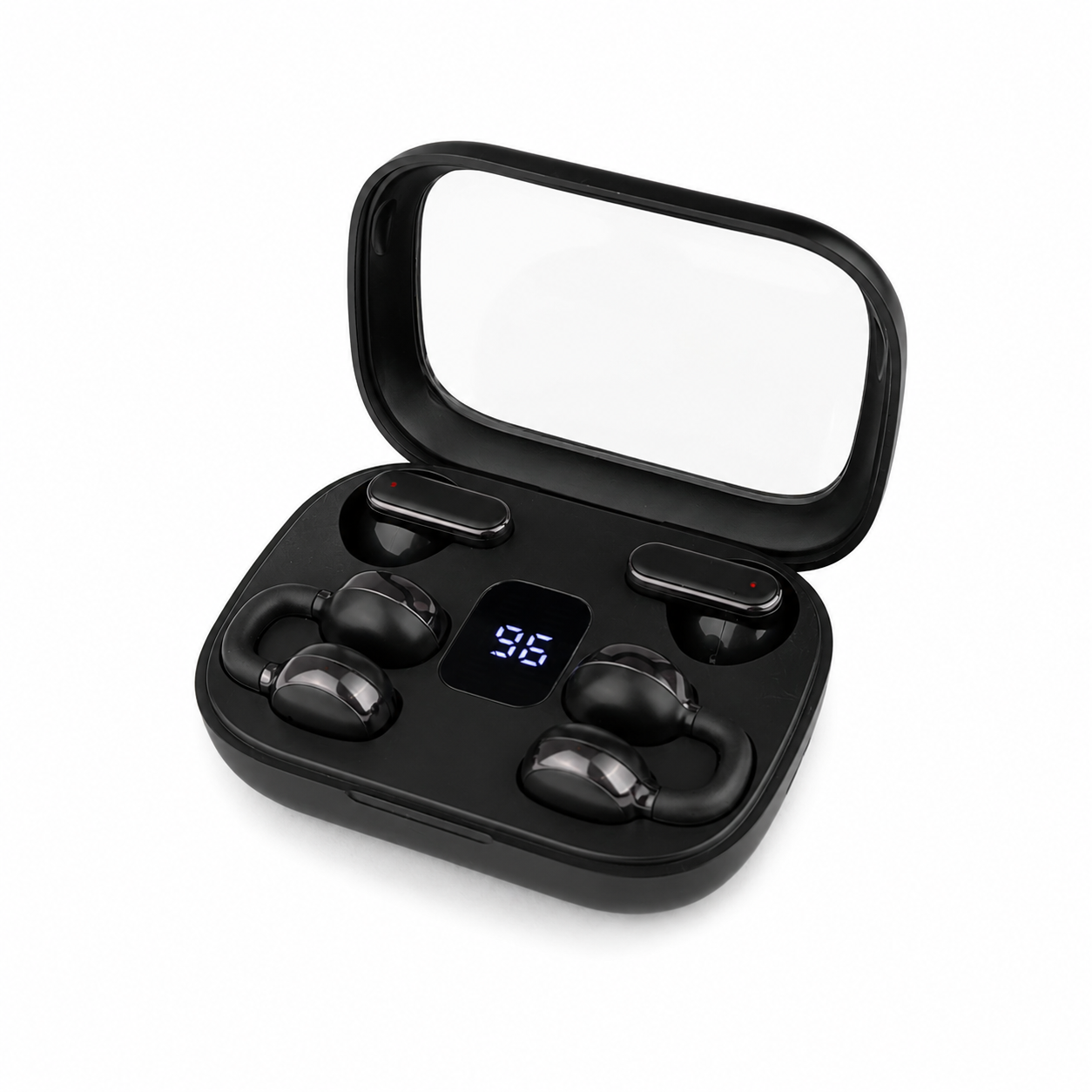 Q10 HiFi Stereo Sports Wireless Earbuds (2 Pairs) – 4-in-1 Combo Set with In-Ear & Open-Ear Clip Design, Bluetooth 5.4, LED Digital Display & IPX4 Waterproof