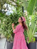 Women's Cotton Check Print Gown Kurti with Lace and Belt