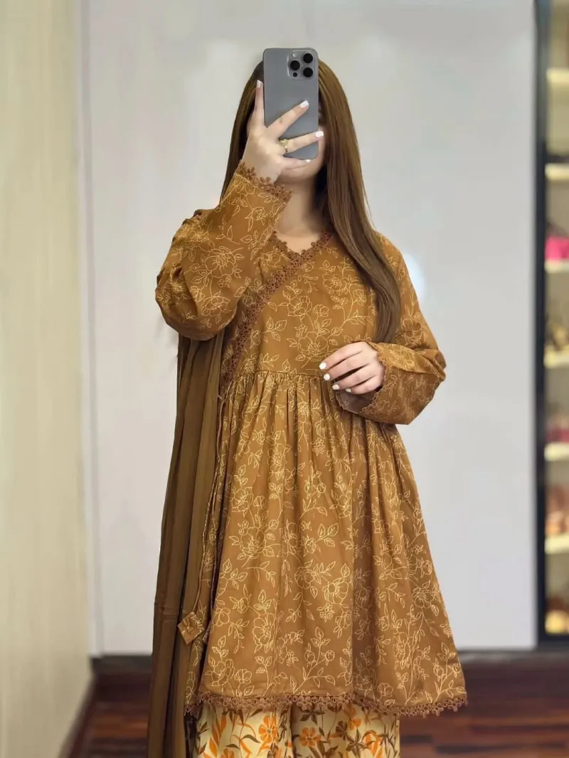 Cotton Afsan Print Three Piece with Embroidered Salwar, 3 Colours