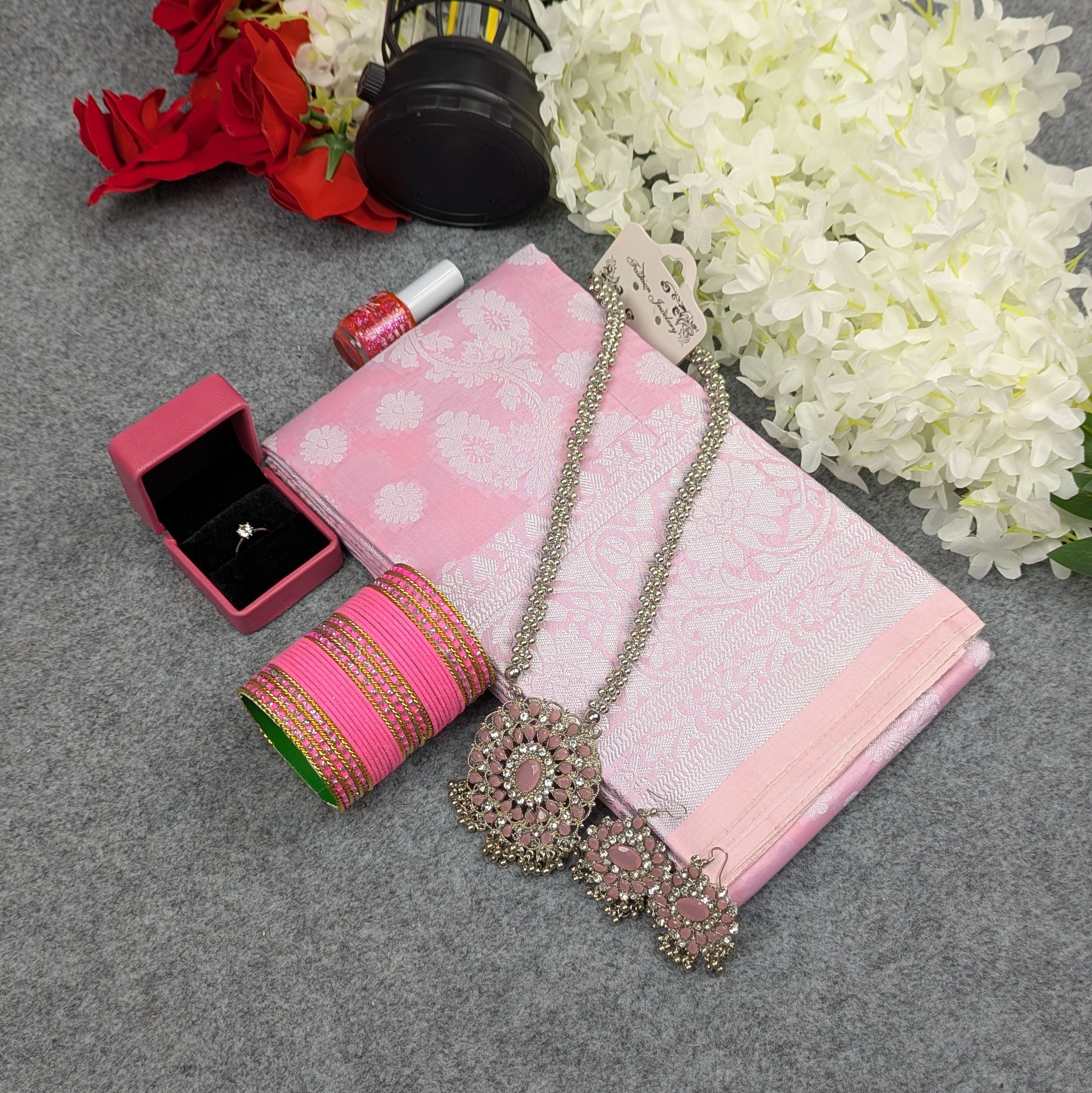 Premium Silk Katan Saree Combo Set - Light Pink