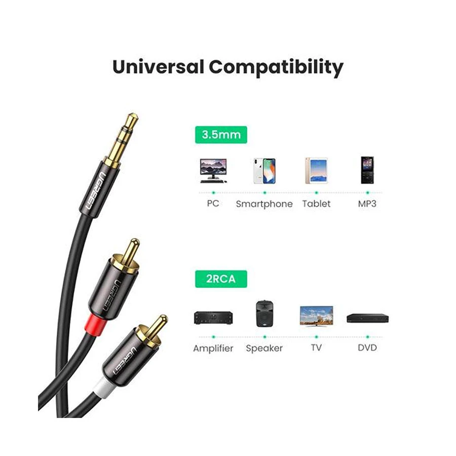 UGREEN AV116 (10749) 3.5mm Male to 2RCA Male 1 Meter Black Audio Cable