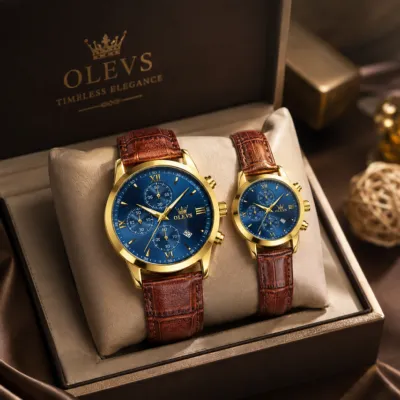 OLEVS Premium Luxury Leather Strap Couple Watch