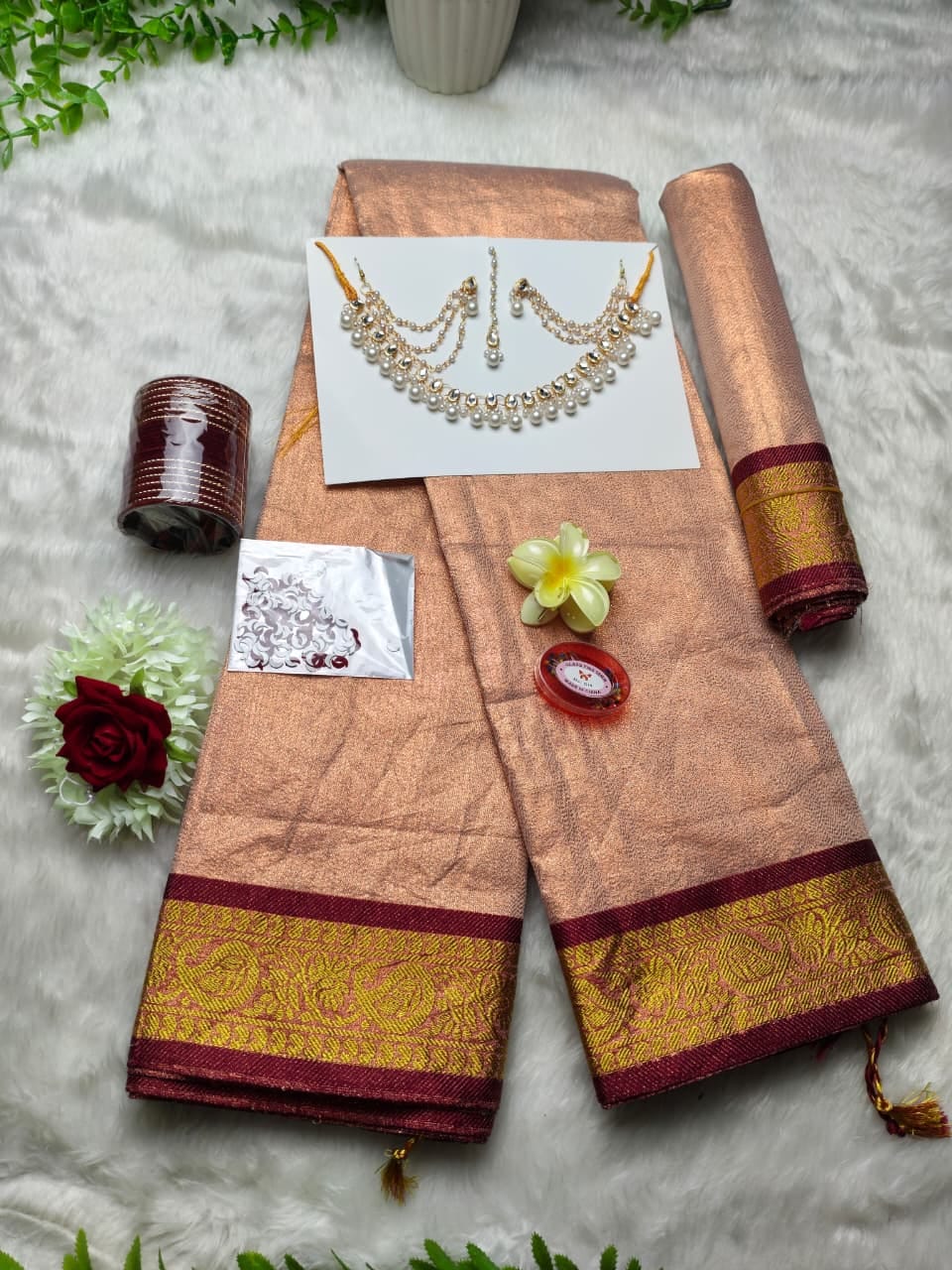 Lama Silk Saree Gift Combo with Kundan Set and Hair Gajra