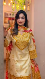 Printed Linen Kameez and Salwar Three Piece, 6 Colour Choices