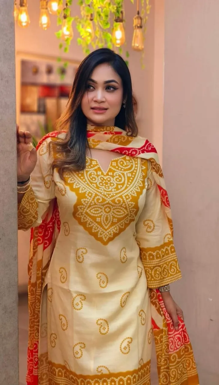 Printed Linen Kameez and Salwar Three Piece, 6 Colour Choices
