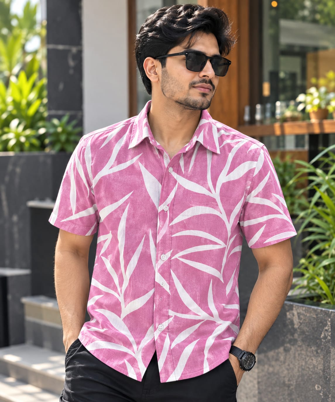 Men's Cotton Half Sleeve Print Shirt with Single Pocket