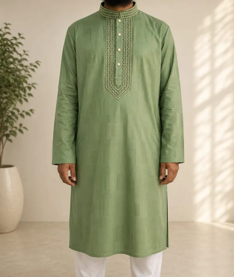 Men's Pure Cotton Panjabi with Body Embroidery, Sizes 38 to 44