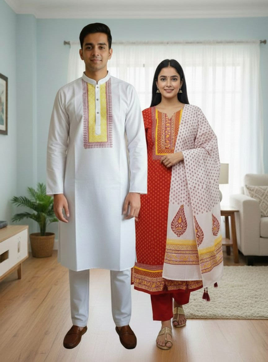 Couple Block Print Three Piece with Dhupian Silk Panjabi, 6 Colours