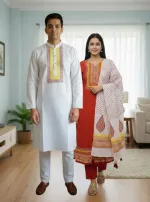 Couple Block Print Three Piece with Dhupian Silk Panjabi, 6 Colours