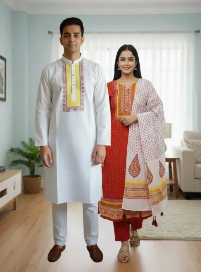 Couple Block Print Three Piece with Dhupian Silk Panjabi, 6 Colours