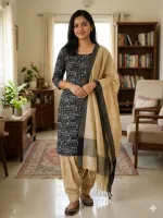 Unstitched Slub Cotton Screen Print Three Piece, Full Sleeve