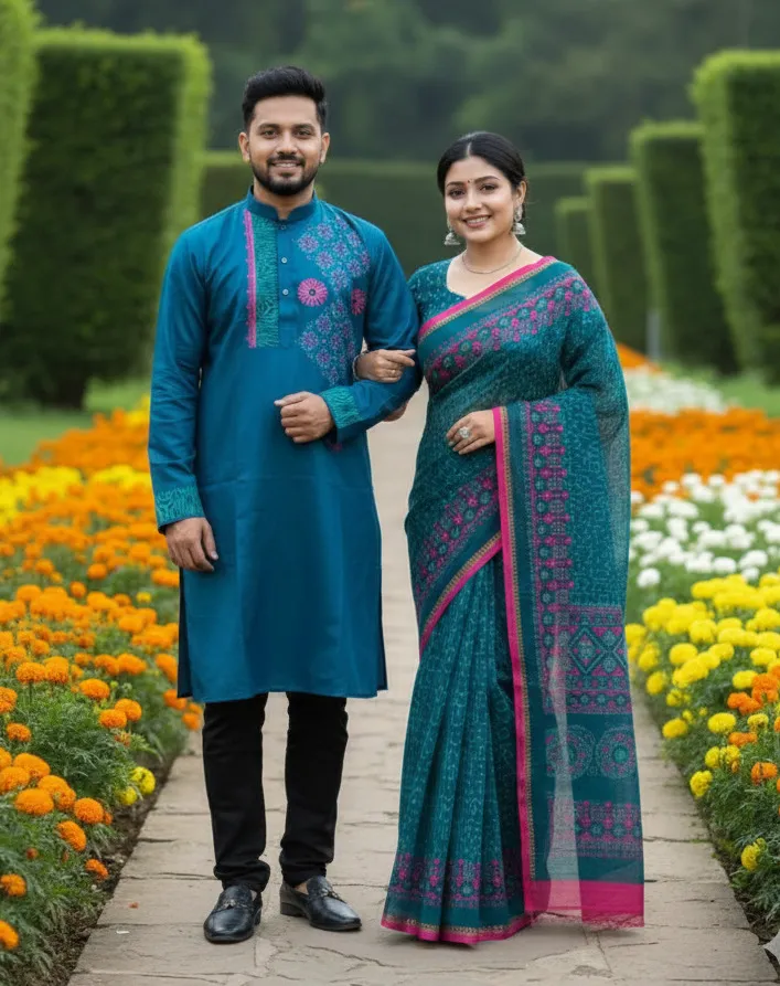 Couple Boutique Silk Saree and Panjabi Set, 13.5 Haath Saree