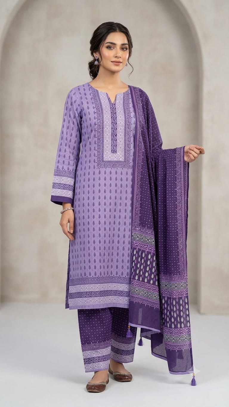 Unstitched Voile Three Piece, Five Haath Orna with Tassels