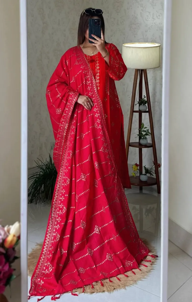 Women's Readymade Cotton Three Piece with Skin Print and Lace