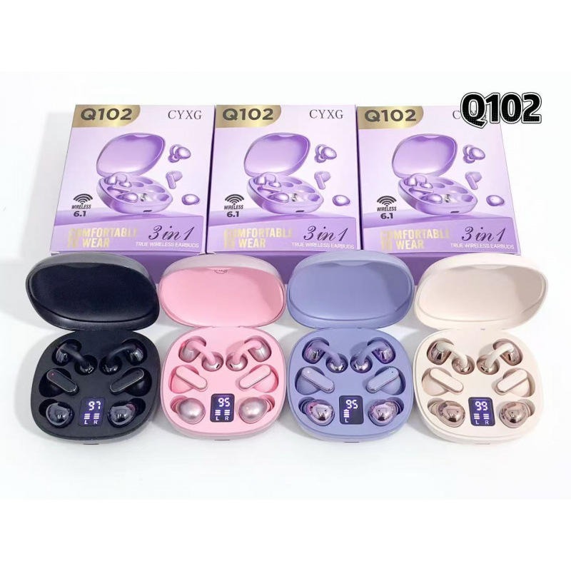 Q102 3-in-1 3Pairs Wireless Bluetooth Earbuds 6 Earphones Clip on & in Ear TWS Headphones HD Digital Display Voice Control Waterproof