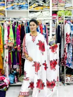 Women's Puja Linen Three Piece with Embroidery and Digital Print Orna