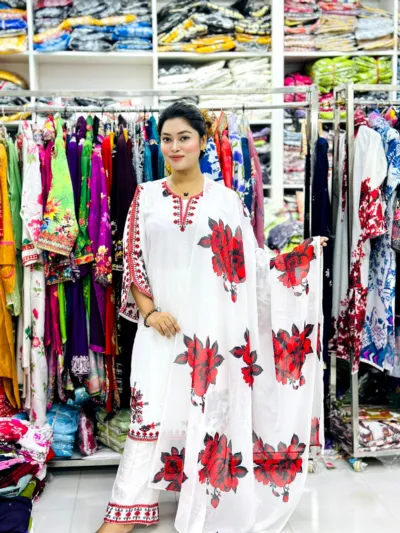 Embroidered Linen Three Piece for Puja, Star Georgette Orna, M to XL
