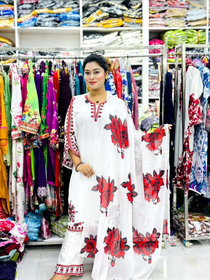 Women's Puja Linen Three Piece with Embroidery and Digital Print Orna