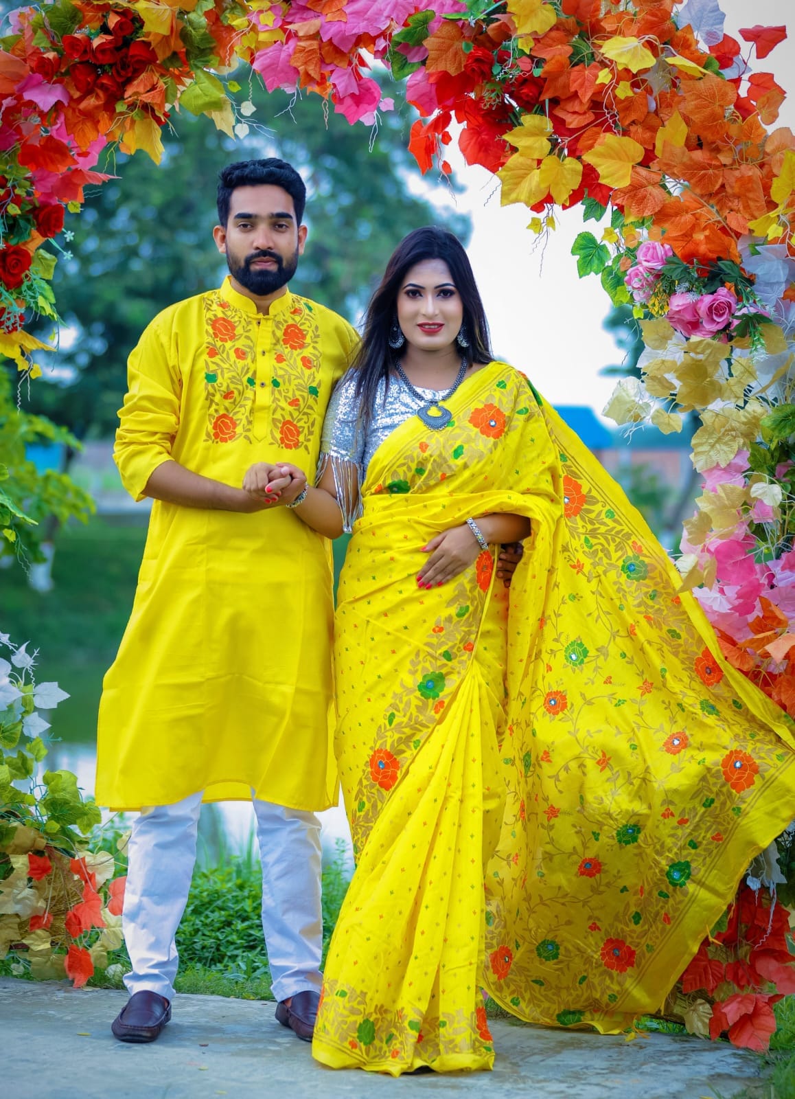Dhupian Silk Saree and Panjabi Couple Set with Screen Print Work