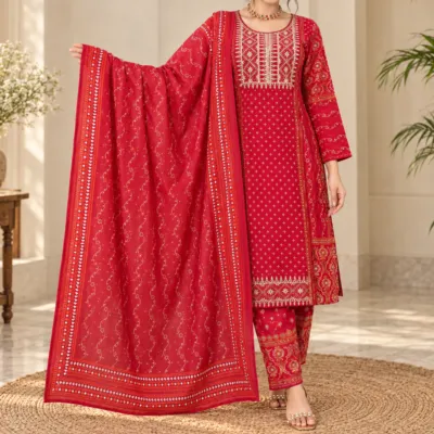 Exclusive Bright Red 3-Piece Ready-Made Salwar Kameez Set