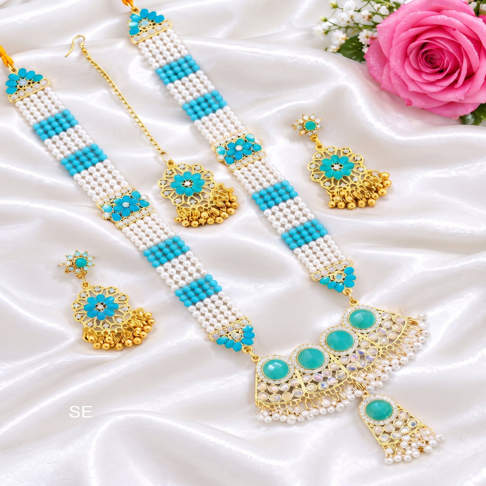 Premium Turquoise/Sky Blue & Pearl Long Rani Haar Jewelry Set with Earrings & Maang Tikka