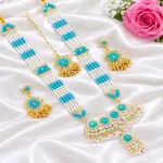 Premium Turquoise & Pearl Long Rani Haar Set with Earrings & Maang Tikka